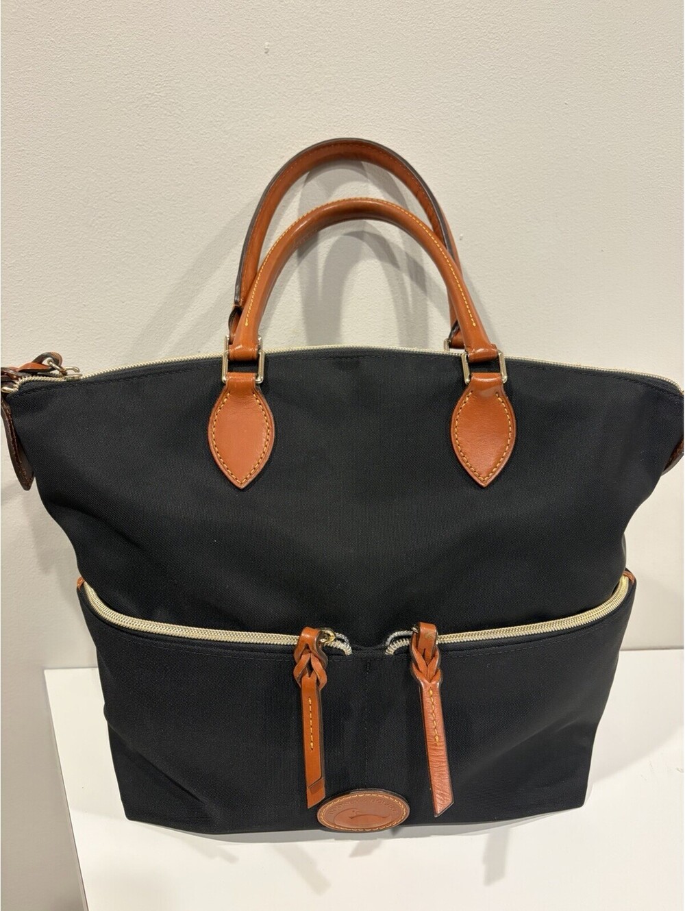 Authentic Dooney & Bourke Black Nylon Large Pocket Satchel w/ Leather Trim